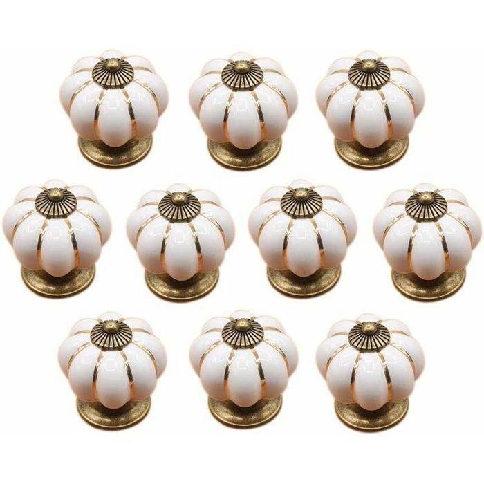 10pcs boutons Céramique blanche citrouille avec détails dorés – pour tiroirs cuisine armoires et meubles
