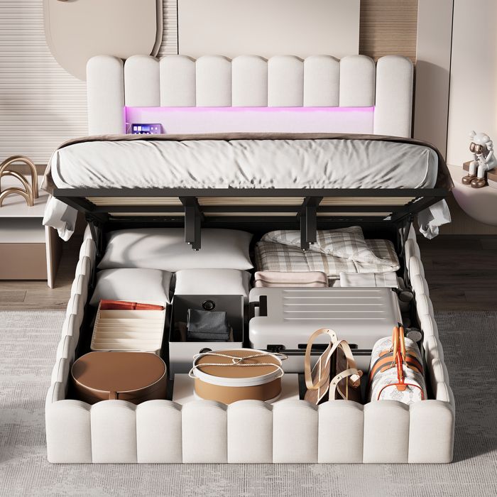 Lit coffre 180x200 cm avec USB et éclairage LED lit double rembourrélit avec rangement et sommier hydraulique lin beige