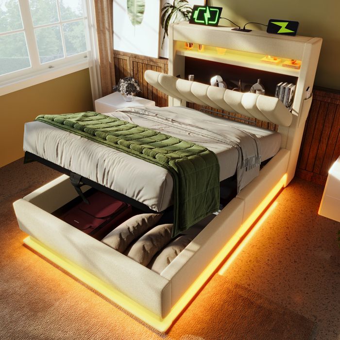 Lit Double Rembourré 140x200 cm en Lin Beige Tête de Lit avec Rangement Ports USB et Type-CLED Tête et Pied de Lit (Sans Matelas)