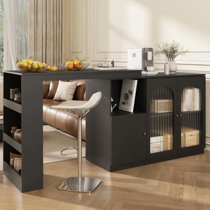 Meuble bar rotatif 360° noir portes en verre nervuré rangement MDF design moderne pour salon ou salle à manger Noir n MEUBLE BAR