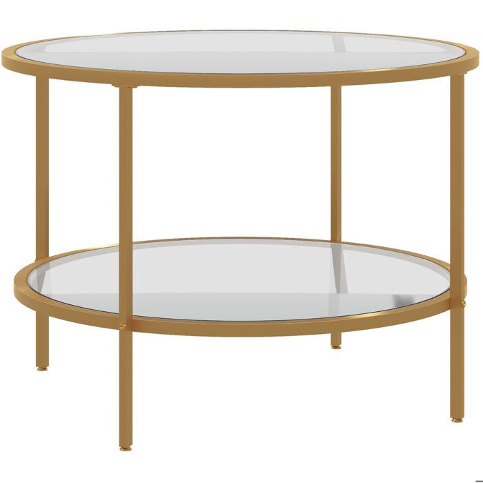 WOVREO Table basse ronde Ø60 x 43 cm à 2 niveaux avec étagère verre trempé et acier doré