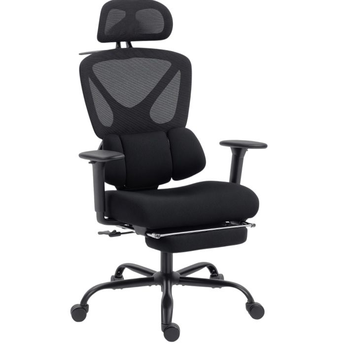 Chaise de bureau ergonomique noire en plastique avec dossier en maille repose-pieds accoudoirs 3D et appui-tête
