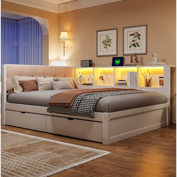 COVREO Lit combiné 140 x 200 cm blanc avec 2 tiroirs étagère 4 niveaux LED dimmable USB pin et MDF