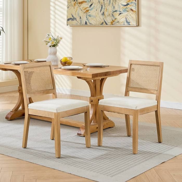 Chaise de Salle à Manger Dossier en Rotin Lot de 2 Chaise de Cuisine Scandinave en Bois Chaises Salon avec Coussin en LinBeige