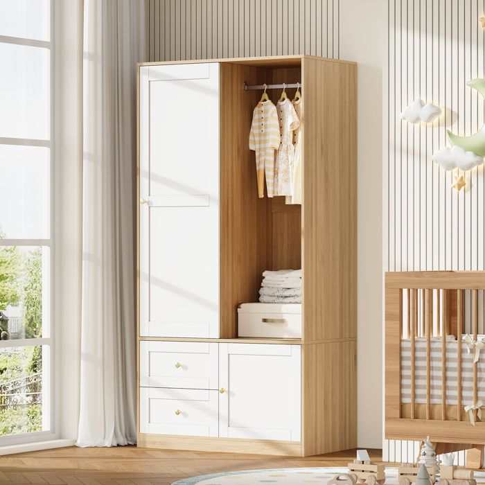 Armoire Enfant en Bois avec Porte Coulissante Penderie et Tiroirs Modulable Blanc et Bois Naturel 90x50x180cm