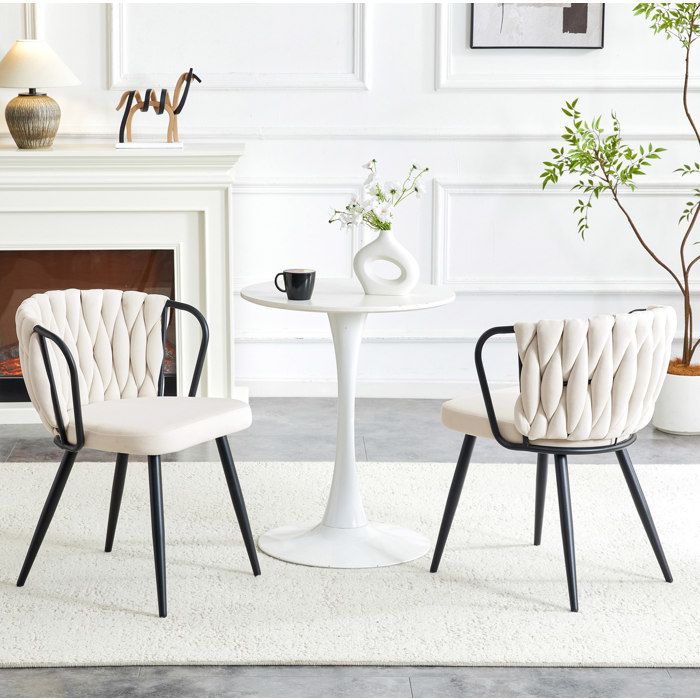 Chaises de Salle à Manger Lot de 2 avec Accoudoirs et Dossier Tressé - ELVMI - Pieds en Métal Velours Beige et Noir