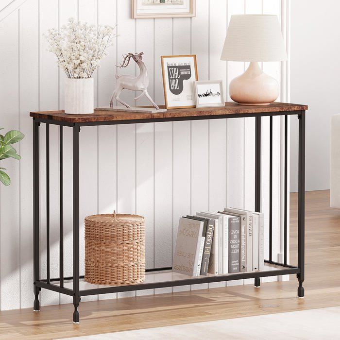Table console étroite 41 5 po marron rustique cadre métal étagère verre petite table entrée longue derrière canapé
