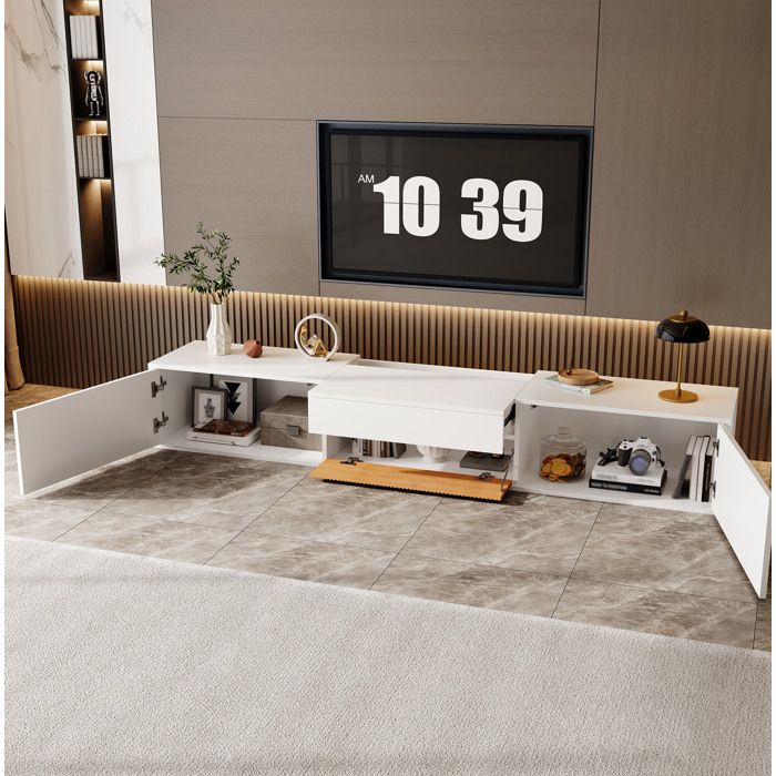 Meuble TV Blanc Effet Bois Banc TV Moderne FloraGrace Pour Salon Plateau Coulissant Projecteur 180x34x30cm