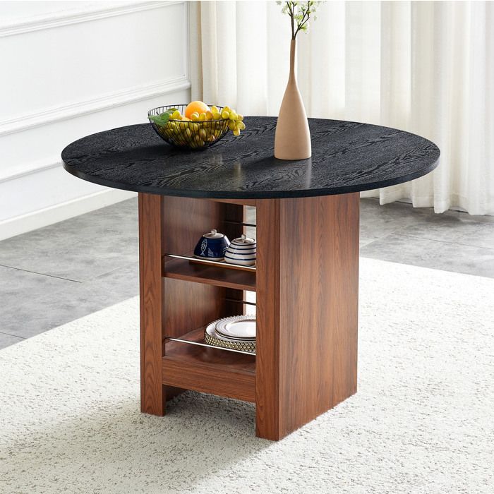 Table de salle à manger ronde avec rangements ouverts et 2 étagères - MEUNIQ - Moderne MDF noyer et noir 100 cm