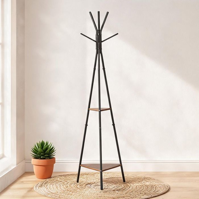 Porte-manteau sur pied industriel 6 patères et 2 étagères noir et bois 182 cm