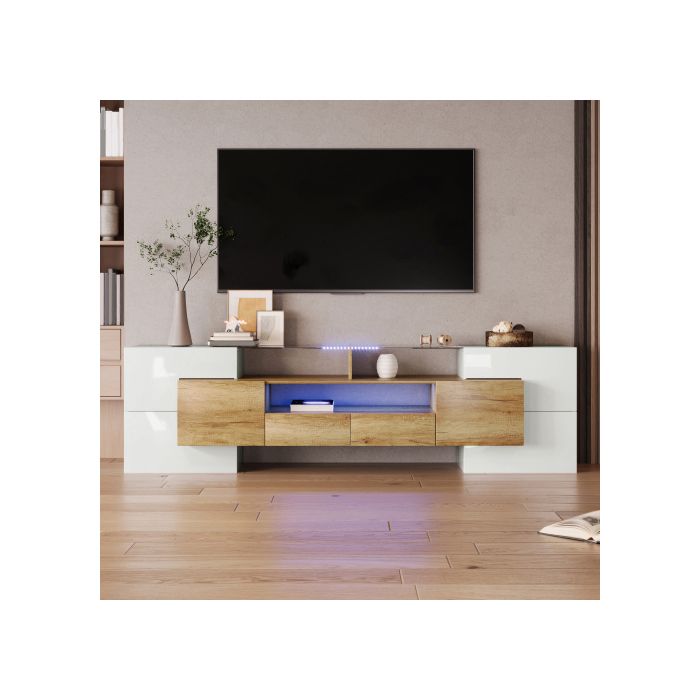 Meuble TV Suspendu 200 cm Blanc et Bois Buffet Bas de Salon avec Tiroirs Etagere en Verre et Eclairage LED Integre