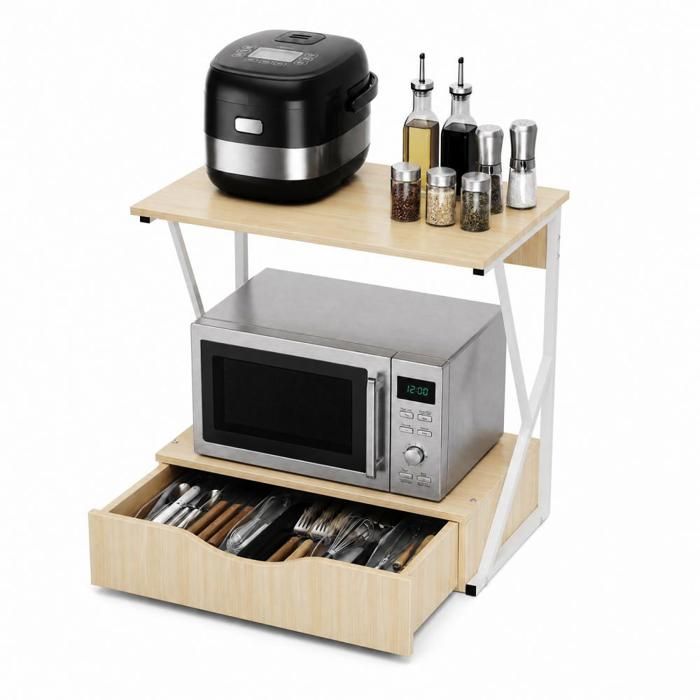 Support pour micro-ondes avec tiroir QUIIENCLEE cadre métal capacité 50 kg 54×50×35cm étagère de cuisine érable blanc