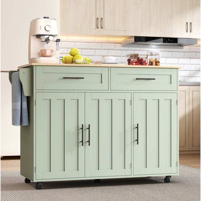 Desserte de cuisine à 2 tiroirs 3 portes et plan de travail extensible - HAVRYA - Vert antique MDF 129×71×915 cm