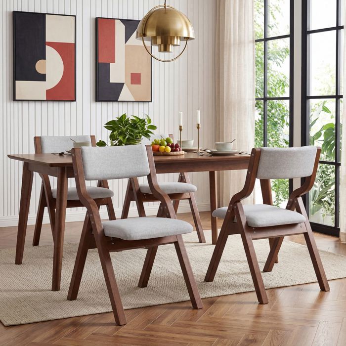Chaise de salle à manger - SOGEU - Lot de 4 - Bois massif - Pliable - Revêtement lin gris