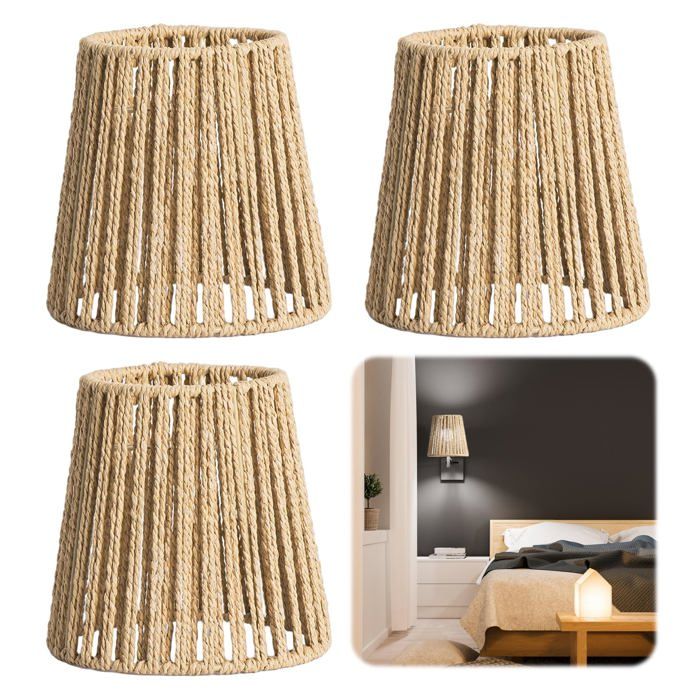 3 Pièces Abat jour Rotin Naturel Boho Abat Jour Plafond E27 avec Design Tressé Abat-jour Boho pour Lampe Pendante et Applique H