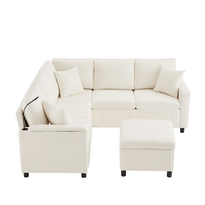 Canapé dangle convertible 205 x 205 x 85 cm chenille beige pouf avec rangement lampe USB et Type-C