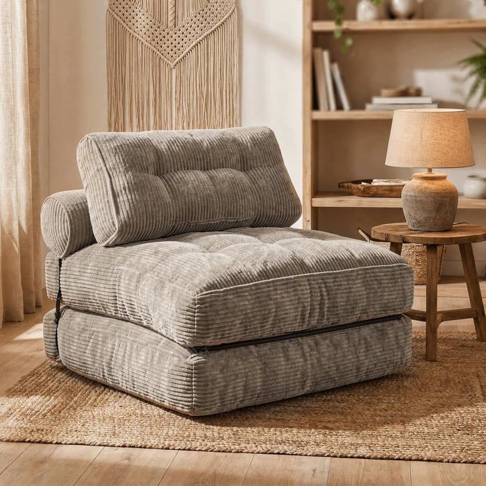 Fauteuil convertible 4-en-1 - canapé-lit pliable 1 place en tissu côtelé camel