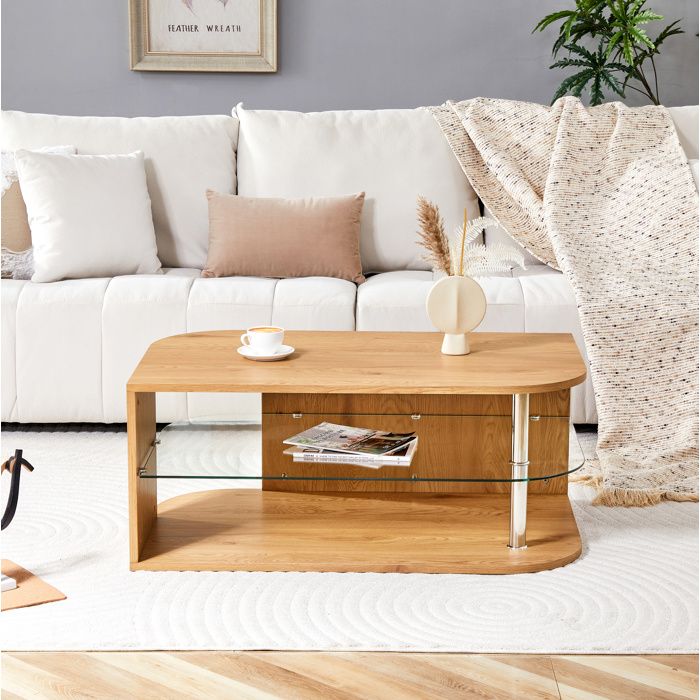 Table basse scandinave en bois naturel étagère en verre trempé 2 niveaux de rangement ouverts forme arrondie pour salon