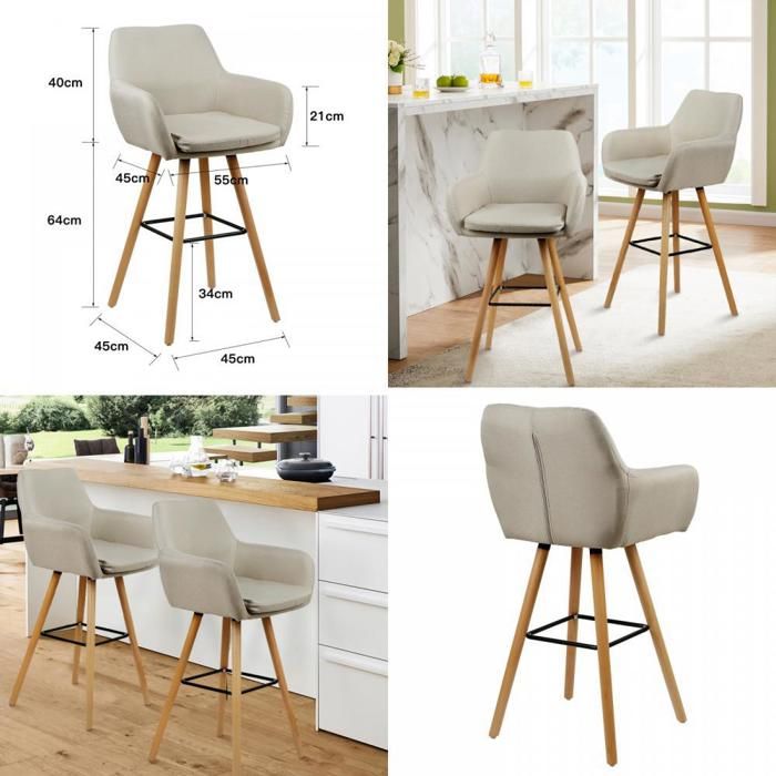 Lot de 2 tabourets hauts de style moderne - tabourets de bar en toile de jute - HUOLE - Couleur beige.