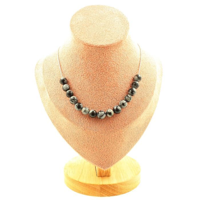Collier 3 Perles D'obsidienne Noire 8 Mm Sur Chaîne Acier - Bijou Pierre Naturelle Neuf Avec étiquettes