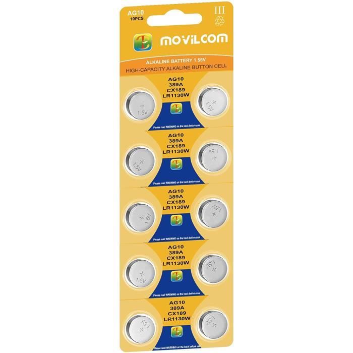 Pile bouton AG10 pour montre, 1,5 V, équivalente à L1130, LR1130, L1131, LR1131, LR54, 389, 389