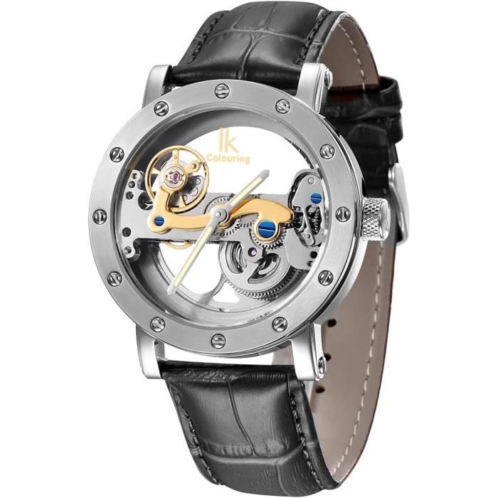 MONTRE HOMME AUTOMATIQUE CUIR NOIR MECANISME APPARENT SQUELETTE OR