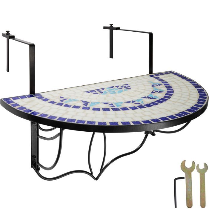 table de balcon rabattable - helloshop26 - blanc/bleu - plateau en mosaïque de pierre - crochets en métal solide