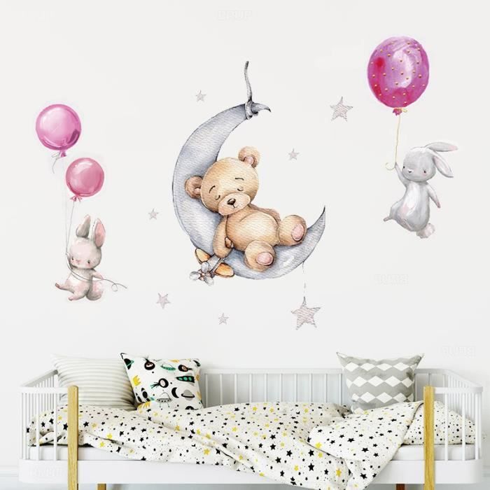 Sticker chambre bébé fille, Ensemble de 3 stickers, stickers muraux  enfants, autocollant lapins ballons roses, Ours sur la lune - Cdiscount  Maison