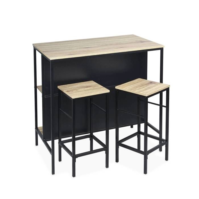 Table haute décor bois et métal avec 2 étagéres 2 tabourets LOFT