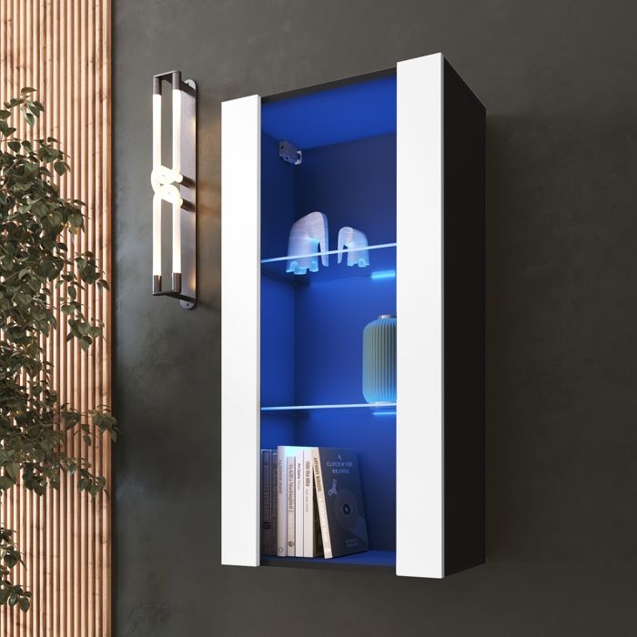 Vitrine Murale Komodee TIVOLI - LED bleues - Blanc & Noir - Facades en Mat - 50 x 100 x 29 cm Vitrine Murale Komodee TIVOLI - LED bleues - Blanc & Noir - Facades en Mat - 50 x 100 x 29 cm