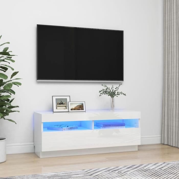 Meuble TV LED Blanc brillant 100x35x40 cm - HAUTE QUALITÉ