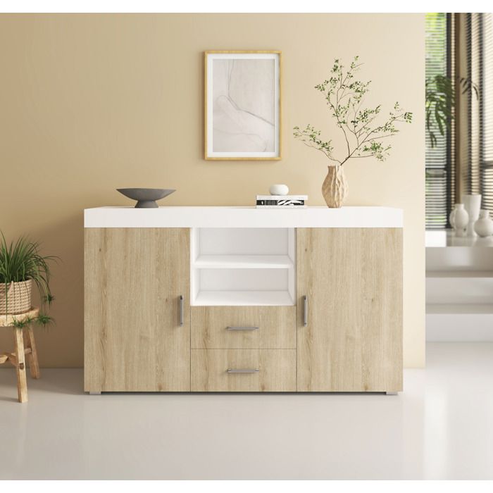 Design Ameublement - Buffet Bahut ROQUE - 2 portes 2 tiroirs - Blanc et Sonoma - 140x80x40cm