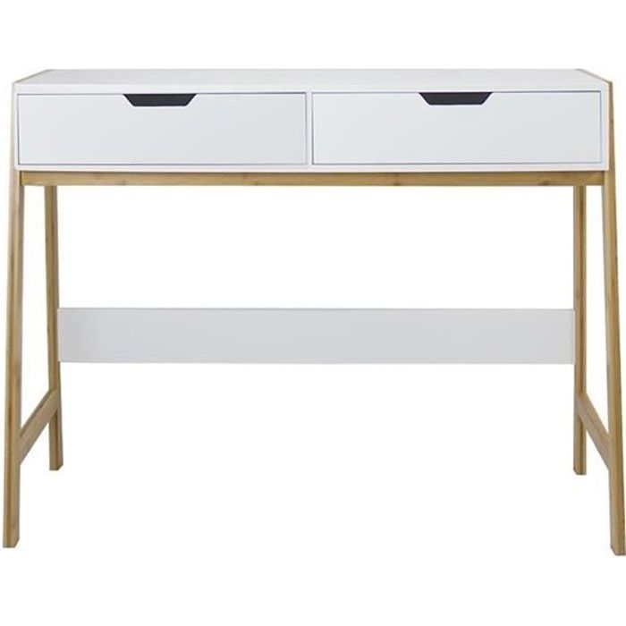 Console Eula blanc 90X82, bois naturel MDF et bambú, 2 tiroirs, entrée et couloir/ style nordique