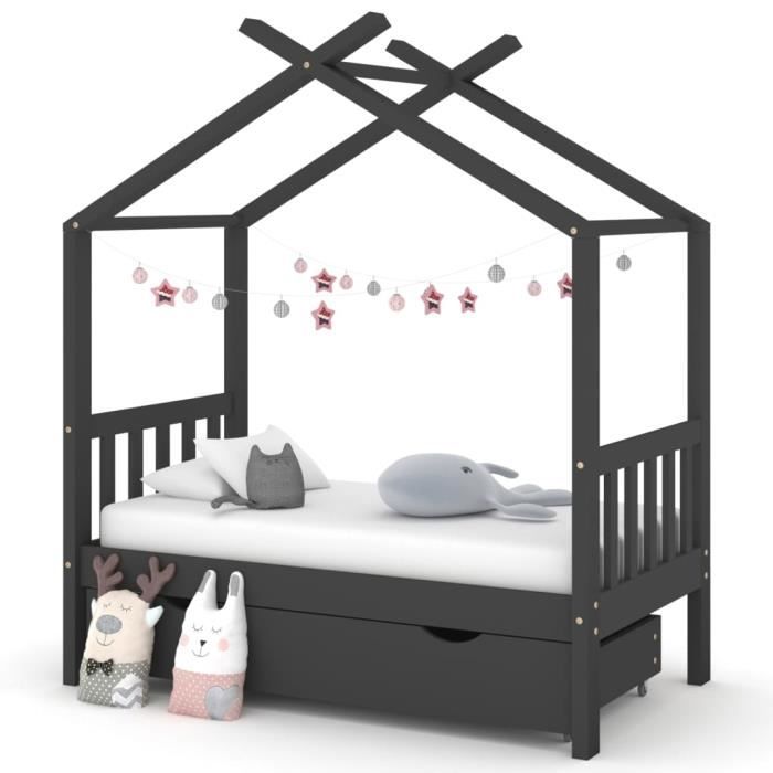 Cadre de lit - Pin massif - Enfant - Avec tiroir - Gris foncé - 70x140 cm