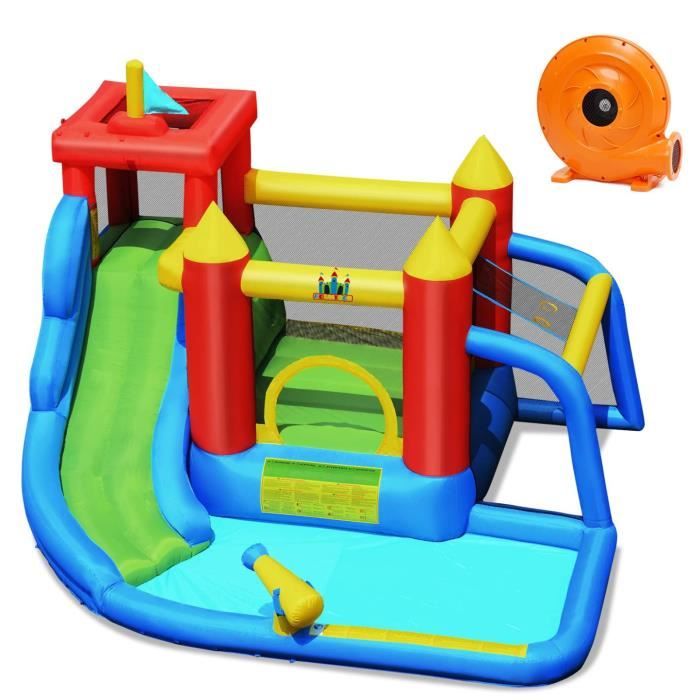 DREAMADE Château Gonflable, Aire De Jeu Avec Zone De Saut, 2 Toboggans, Panier De Basket-ball