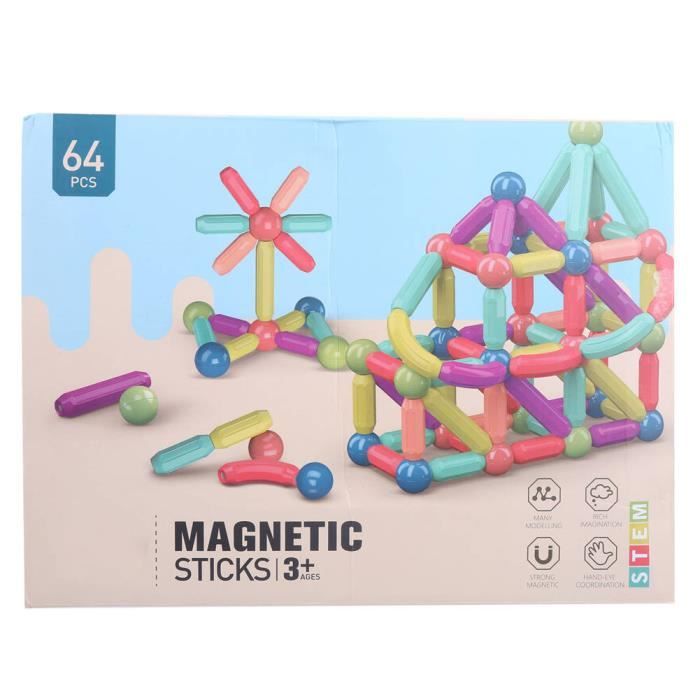 Jeu de blocs magnétiques,64 PCS Bâtons Magnétiques, Boules Magnétiques et  Tiges Ensemble Blocs de Construction Aimants Éducatifs