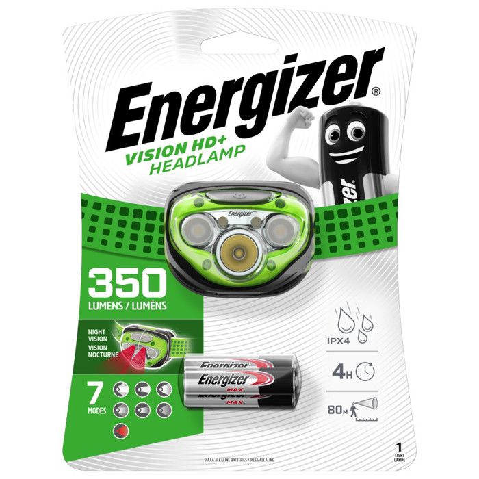 Lampe frontale LED - ENERGIZER - EU VISION HD+ - 350 lumens - 7 LED - 3 LED blanches - 2 LED rouges - Résistante à leau