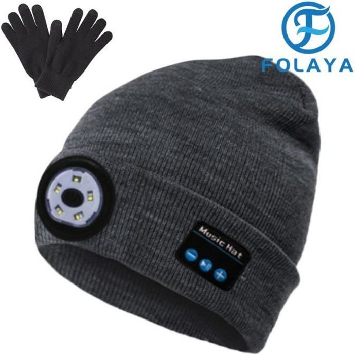 FOLAYA Bonnet Beanie avec lampe frontale LED Bluetooth - ultra lumineux,  mains libres, rechargeable par USB, pour l'hiver+Des gants - Cdiscount Sport