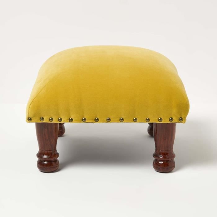 repose-pieds carré en velours jaune moutarde - homescapes - bois massif - contemporain - 40x40x25 cm