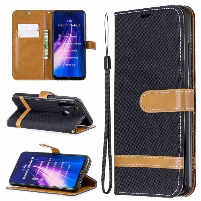 Housse Etui Xiaomi Redmi Note 8 Denim Cuir Magnetique Flip Kickstand Antichocs Support fonction 