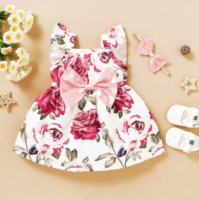 Robe Robe de princesse à imprimé floral de tournesol à manches volantées pour tout-petit bébé fille + bandeaux