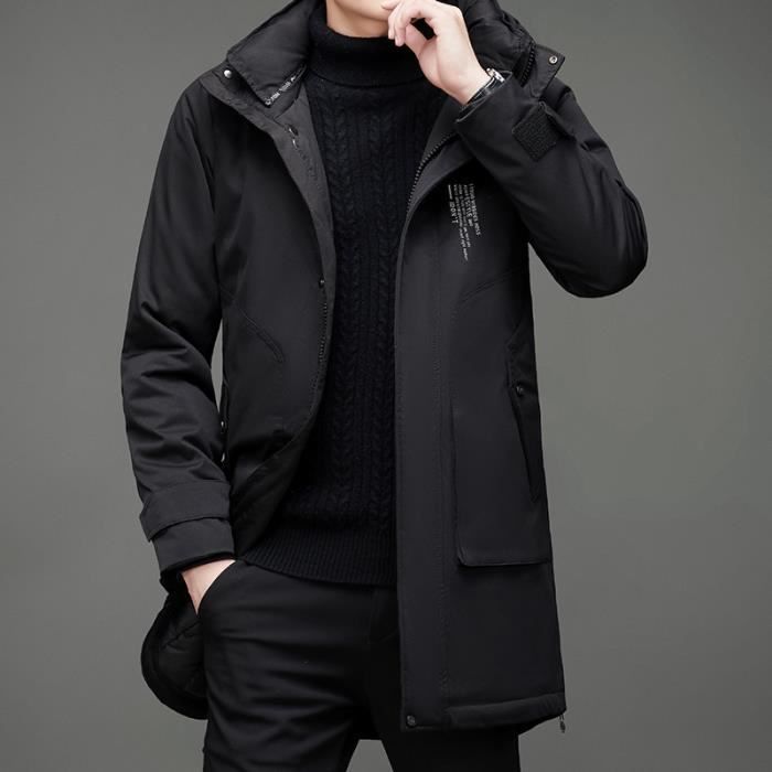 Doudoune Homme Hiver Mi longue A capuche Manches longues Casual Chaud Couleur unie Noir Cdiscount Pret a Porter