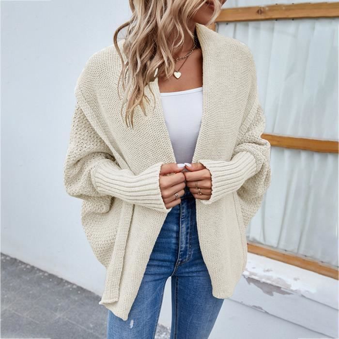 Cardigan Femme Long Tricot Torsadé - Ouvert Devant, Manches Longues, Genou