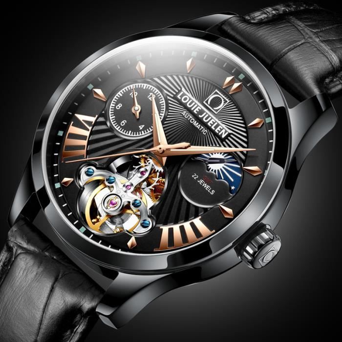 SHARPHY Montre homme mécanique automatique évider lumineux tempérament bracelet en cuir étanche