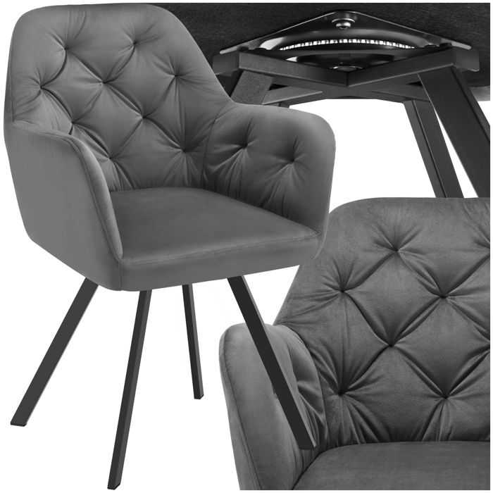 Chaise - TECTAKE - Fauteuil LUCIA pivotant en velours matelassé avec accoudoirs pieds en acier fins 58 x 58 x 87 cm - Gris
