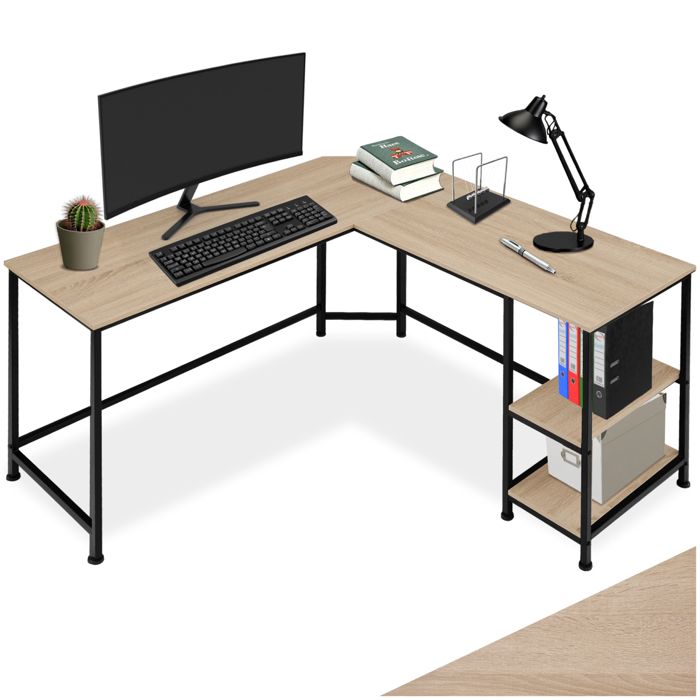 Bureau - TECTAKE - Bureau en L HAMILTON au style industriel avec 2 compartiments bois et acier 138 x 138 x 755 cm - Bois clair