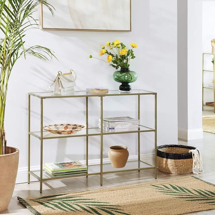 VASAGLE Console en verre trempé - 3 niveaux - cadre métallique - 100 x 30 x 73 cm (L x l x H) - Doré
