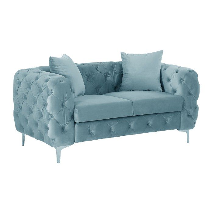 Canapé 2 places chesterfield en velours bleu pastel EDWINA