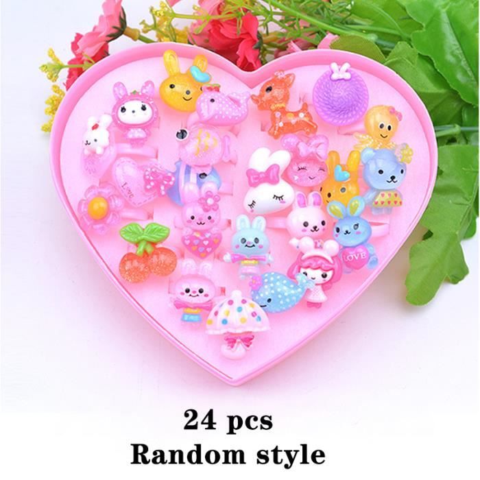 36 Bagues Enfant Réglables - Coffret Cadeau Cœur Rose Avec Motifs Mignons | Pour Filles 3-12 Ans