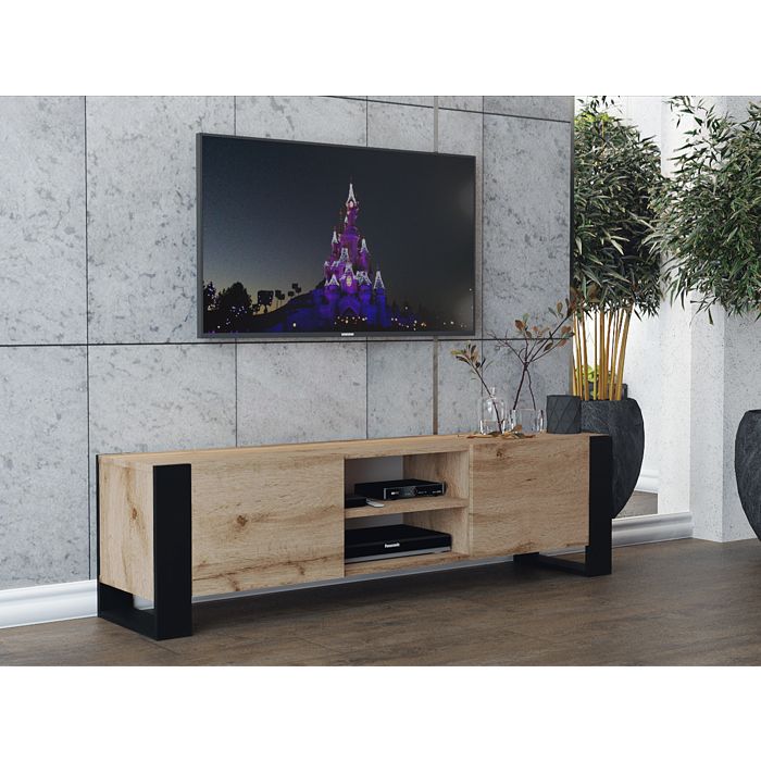 Meuble TV 160 Cm Noir Avec Portes Structurées - 4 Portes, étagères Intégrées - Pieds Et Poignées Dorés - Design Moderne - 6